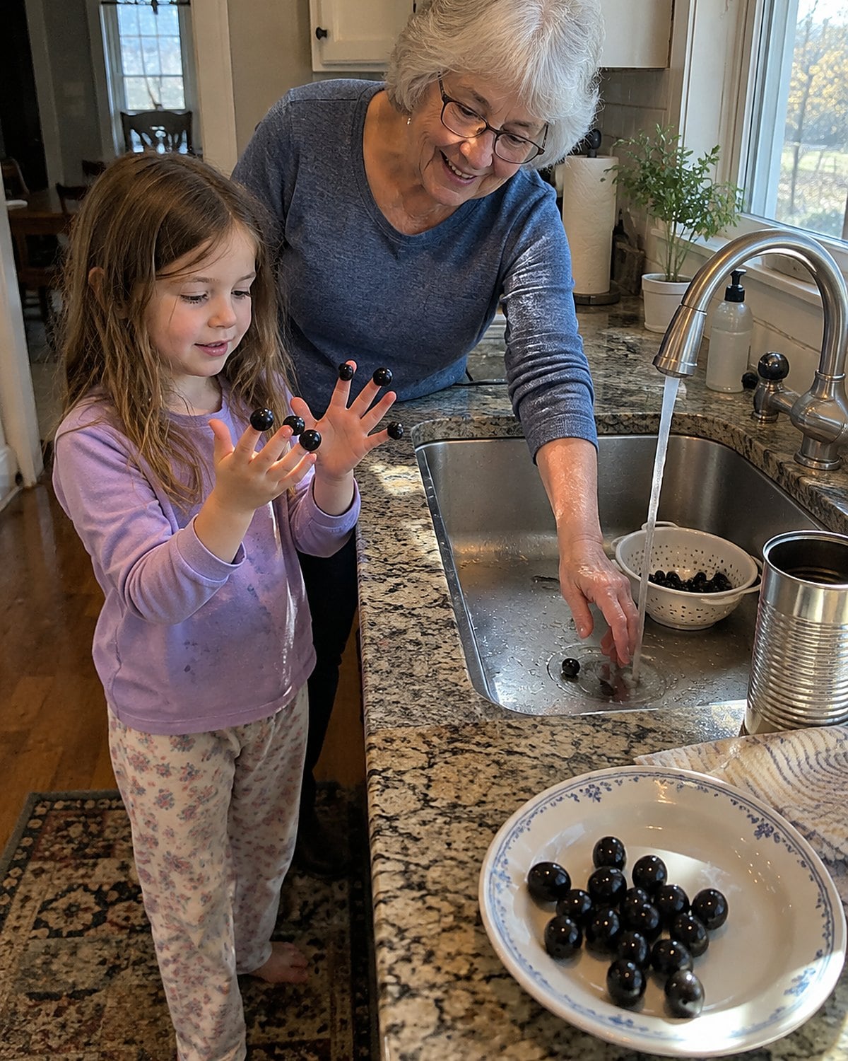 A childโs hands holding black olives on fingertips beside an opened can at the kitchen sink.