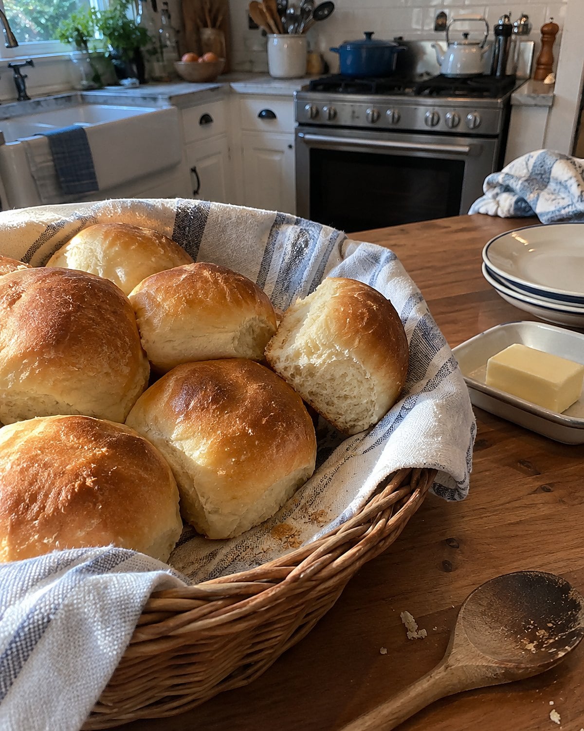 Warm dinner rolls in a cloth-lined basket on a kitchen sideboard.