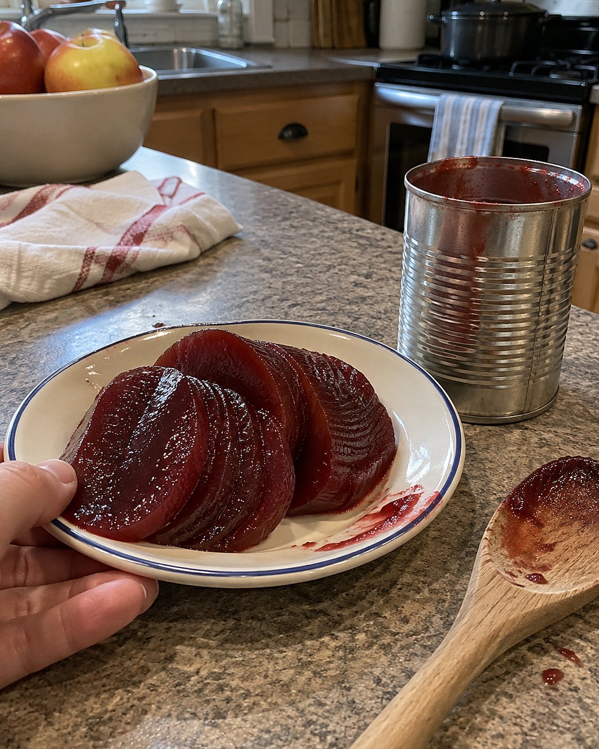Slices of ridged cranberry sauce on a small plate beside an opened can.