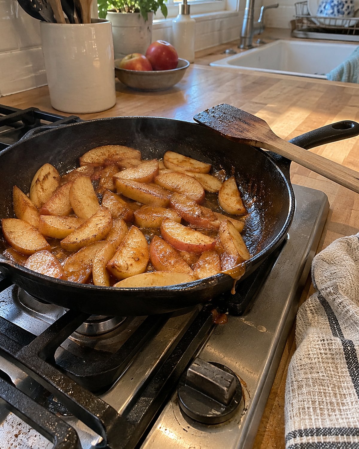 Apple slices browning in a skillet on the stove, with a spatula resting across the handle.