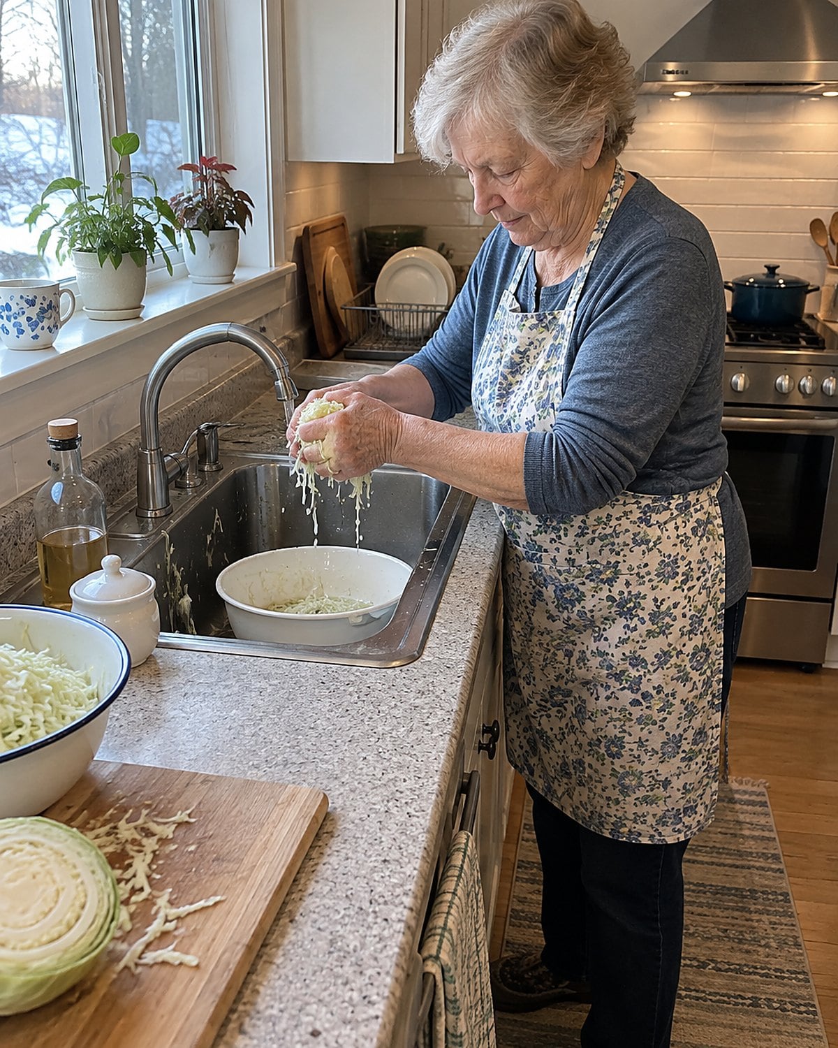 Hands squeezing shredded cabbage over the sink, with a sugar bowl and vinegar bottle nearby.
