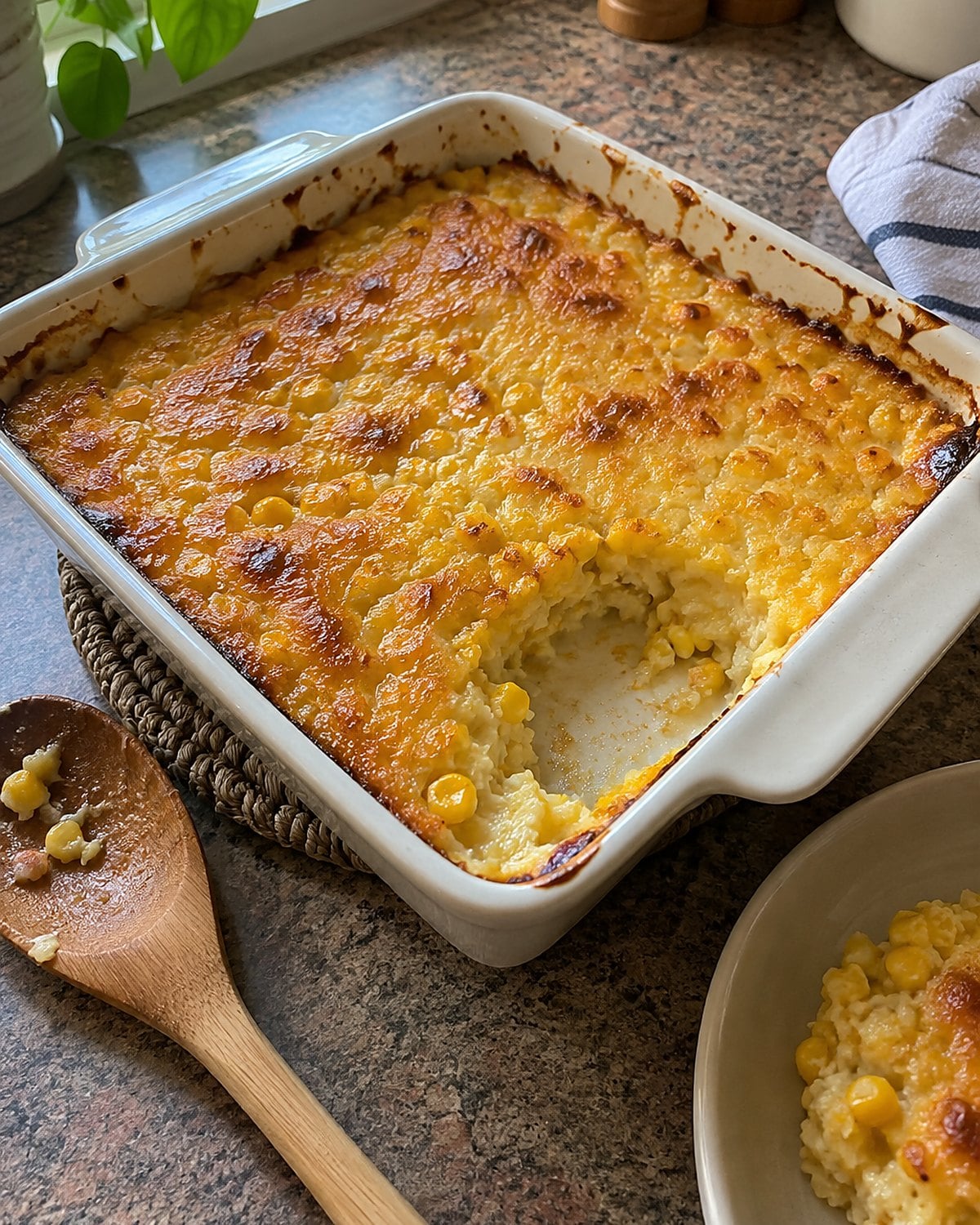 A square pan of scalloped corn on a trivet, with a spoonful missing from one corner.