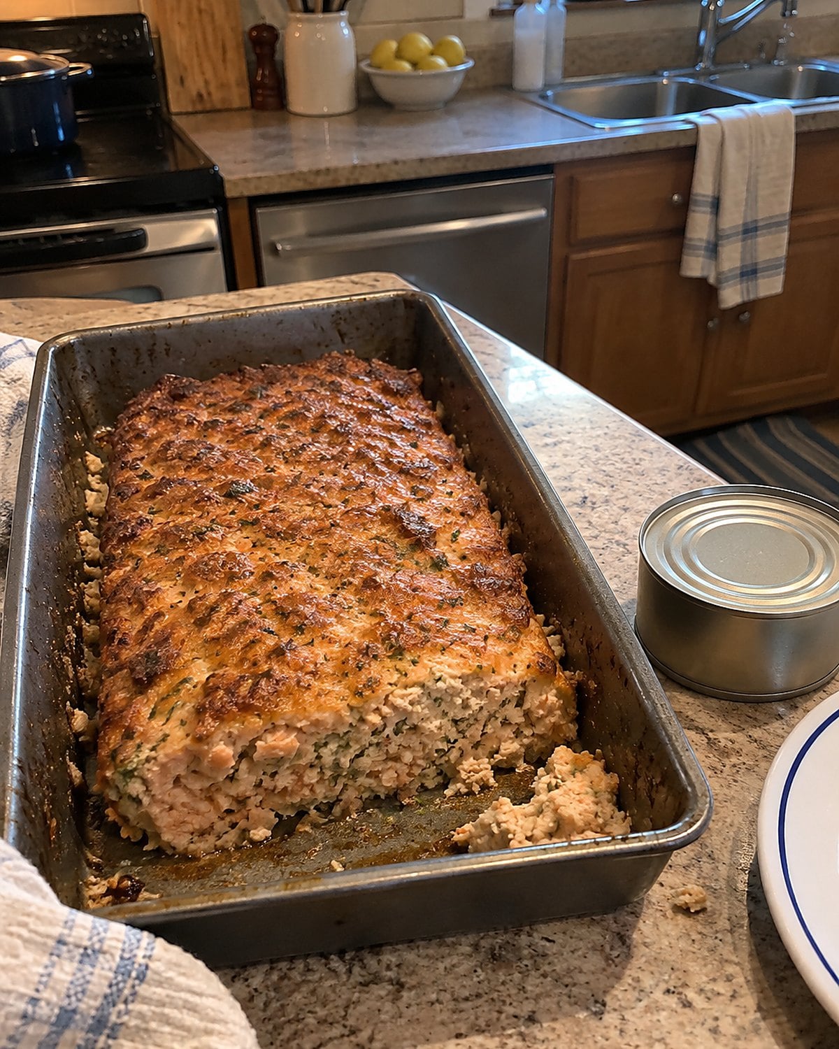 An open church cookbook beside a pan of salmon loaf on a scratched counter.