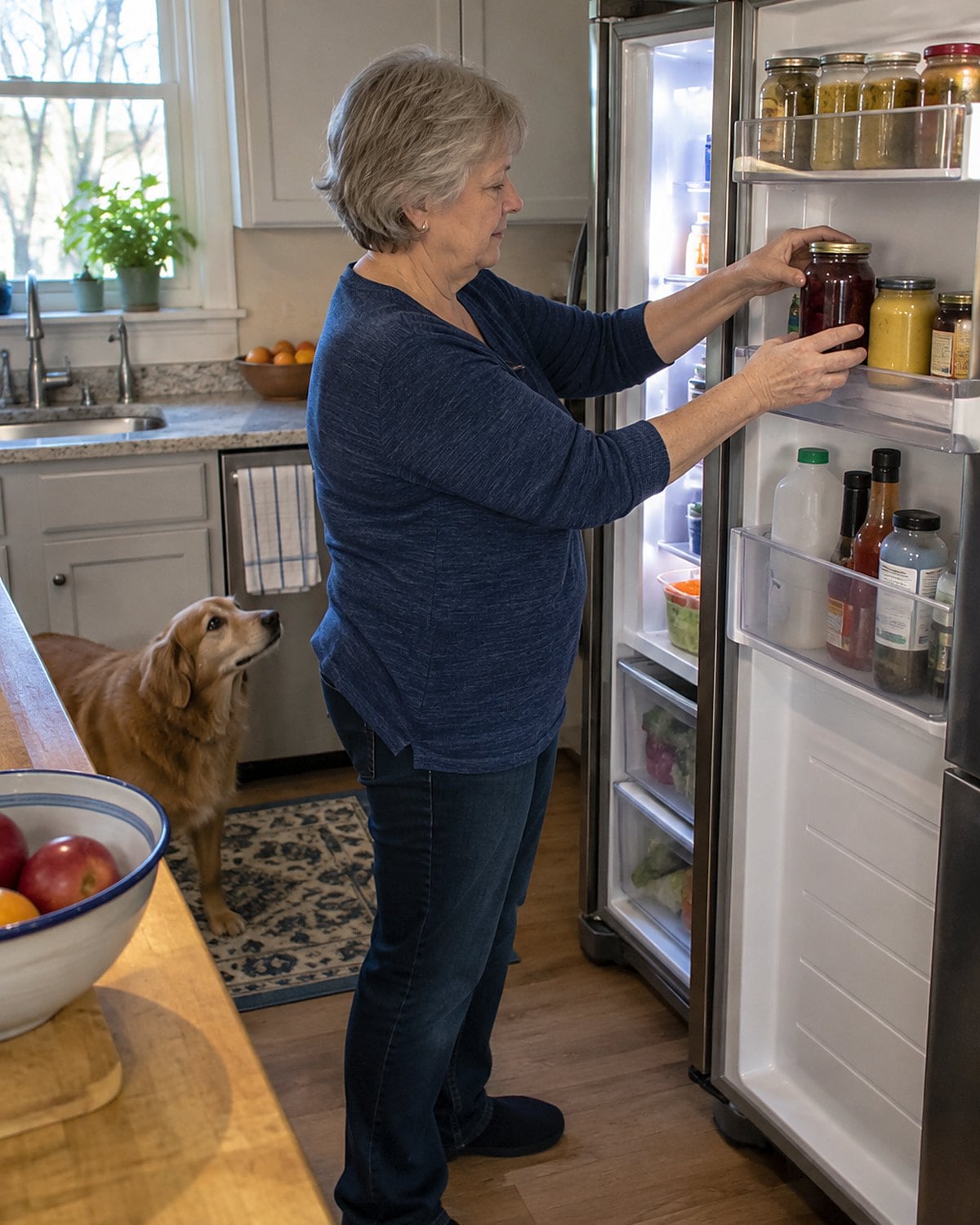 A hand setting a jar of pickled beets into the refrigerator door beside the mustard.
