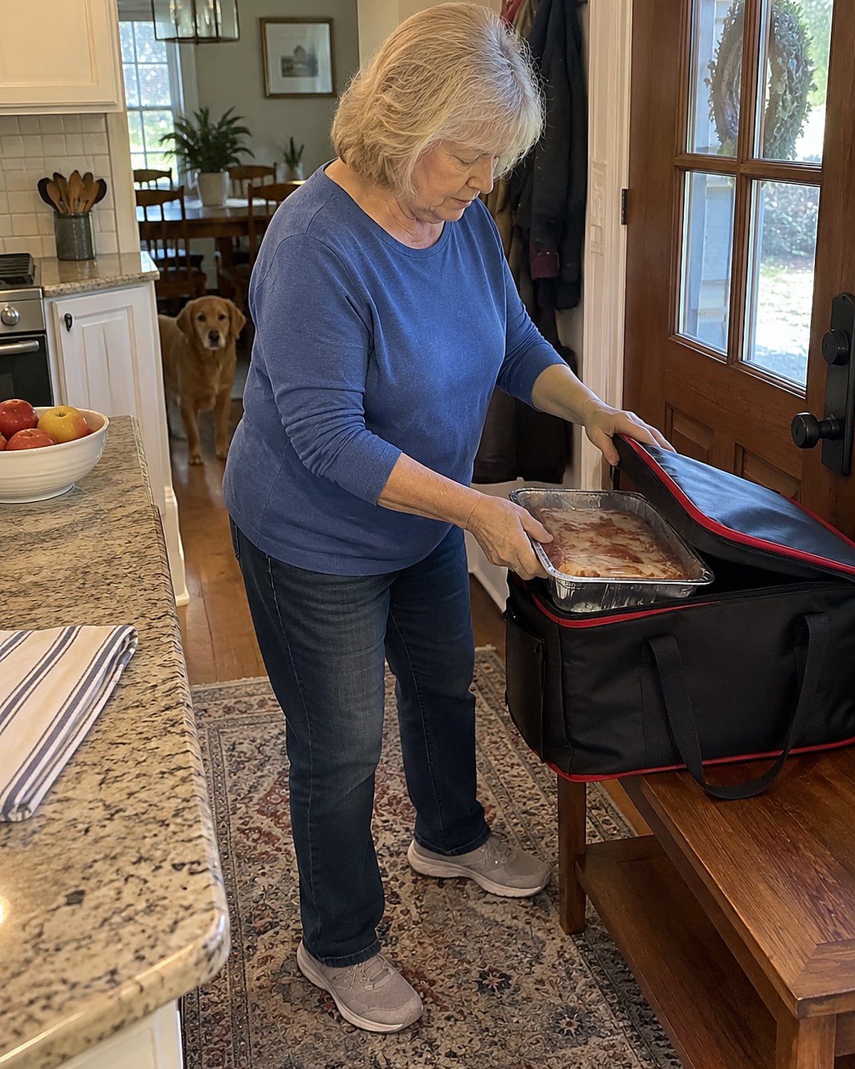 Hands settling a covered pan of baked ziti into an insulated carrier beside the front door.