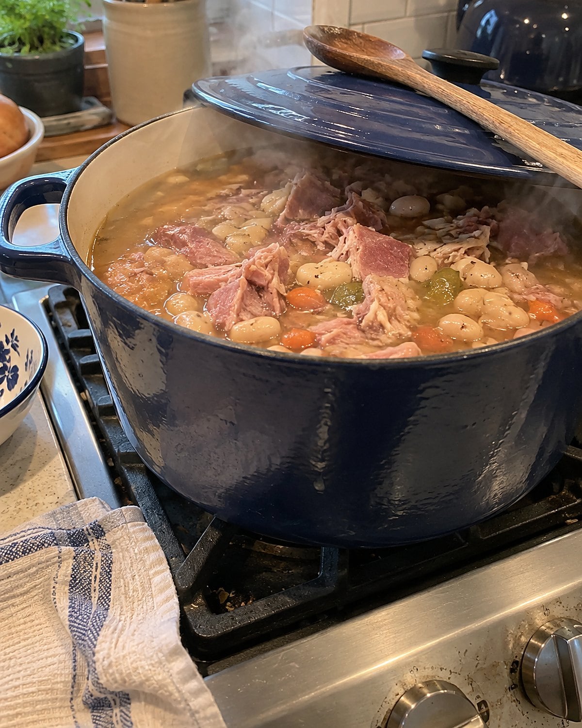 A deep pot of ham and beans on the stove, with a wooden spoon propped against its lid.