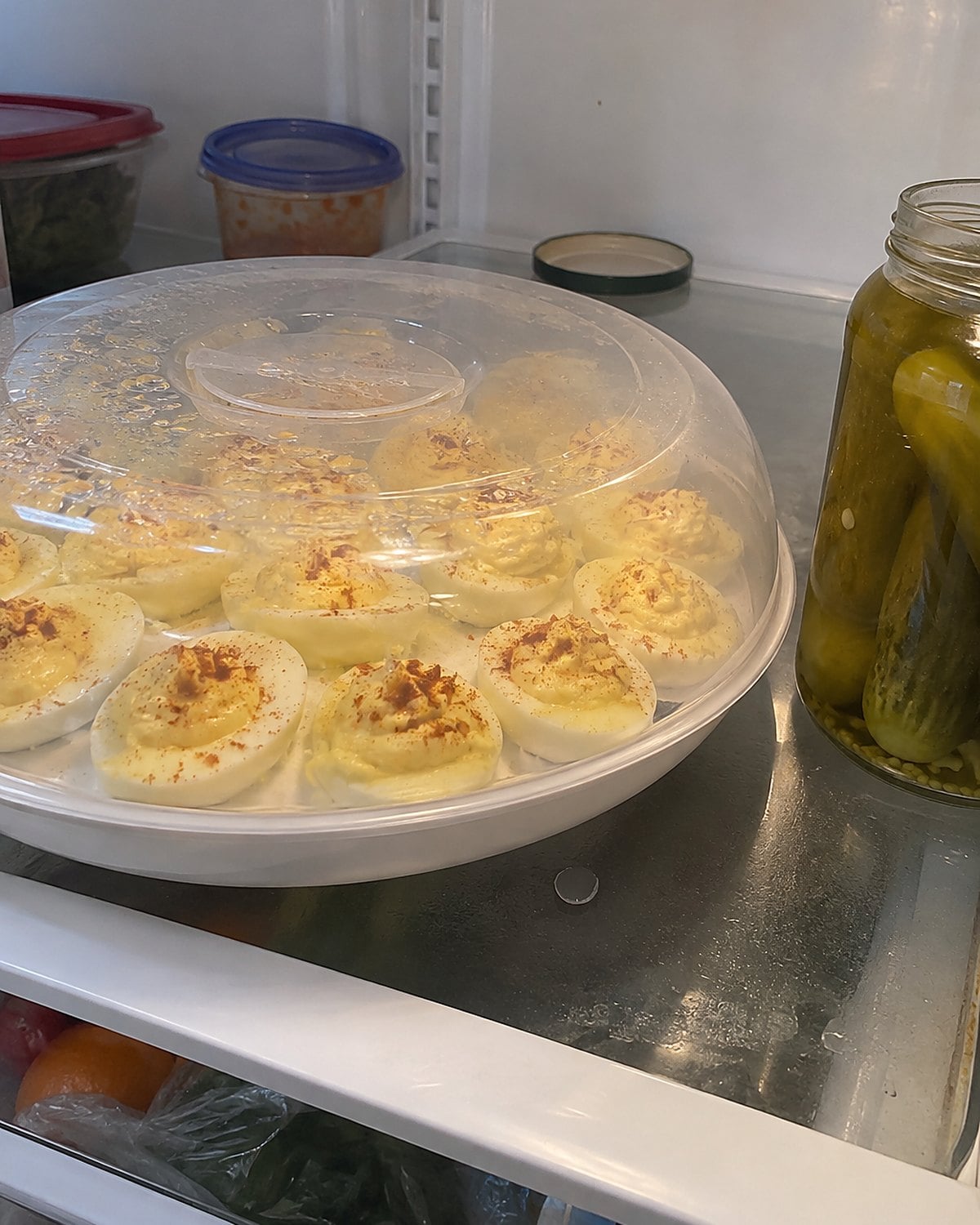 A covered deviled egg carrier beside a jar of pickles on a refrigerator shelf.