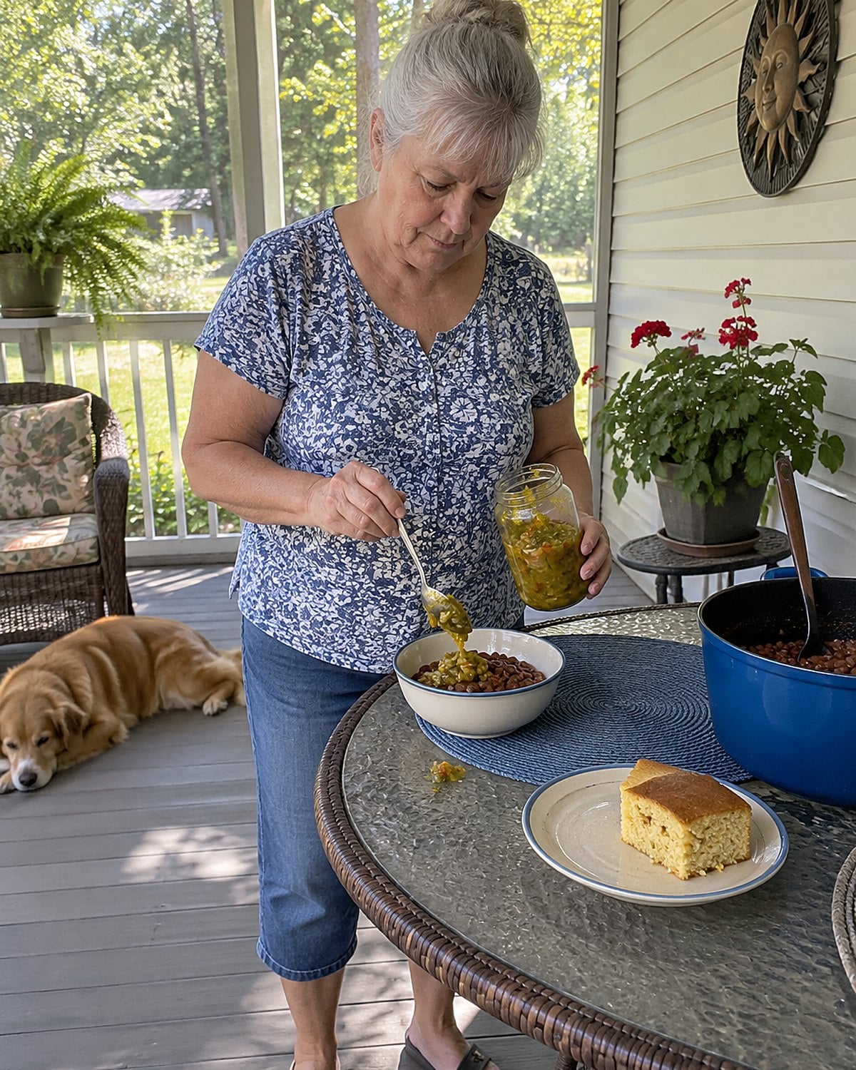 A hand spooning chow-chow from a jar beside a bowl of beans on a porch table.