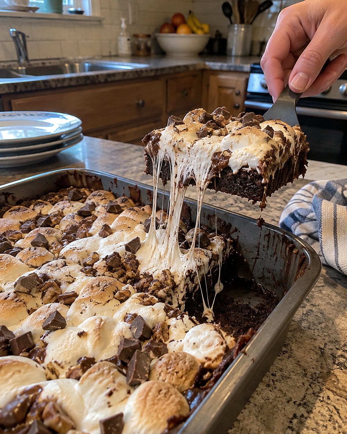 A brownie pan of Mississippi mud cake, its marshmallow topping pulled into sticky peaks.