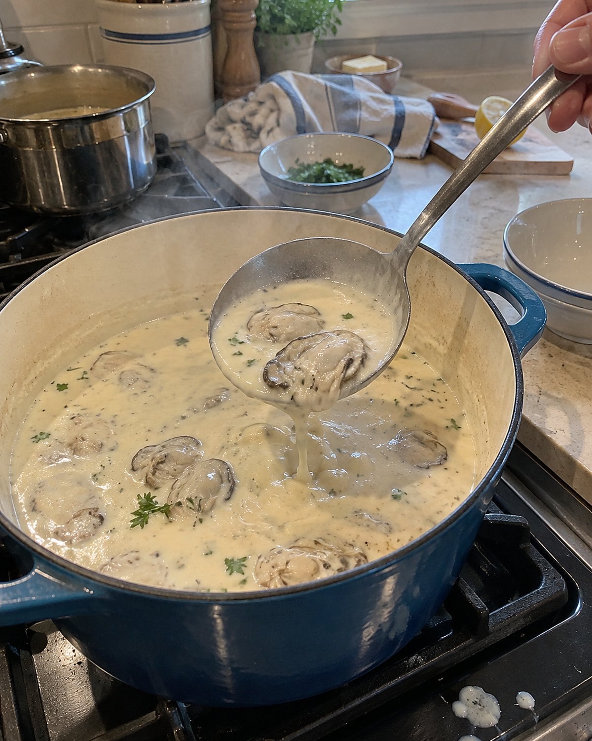 A pot of oyster stew on the stove, with a ladle dripping back into the milk.