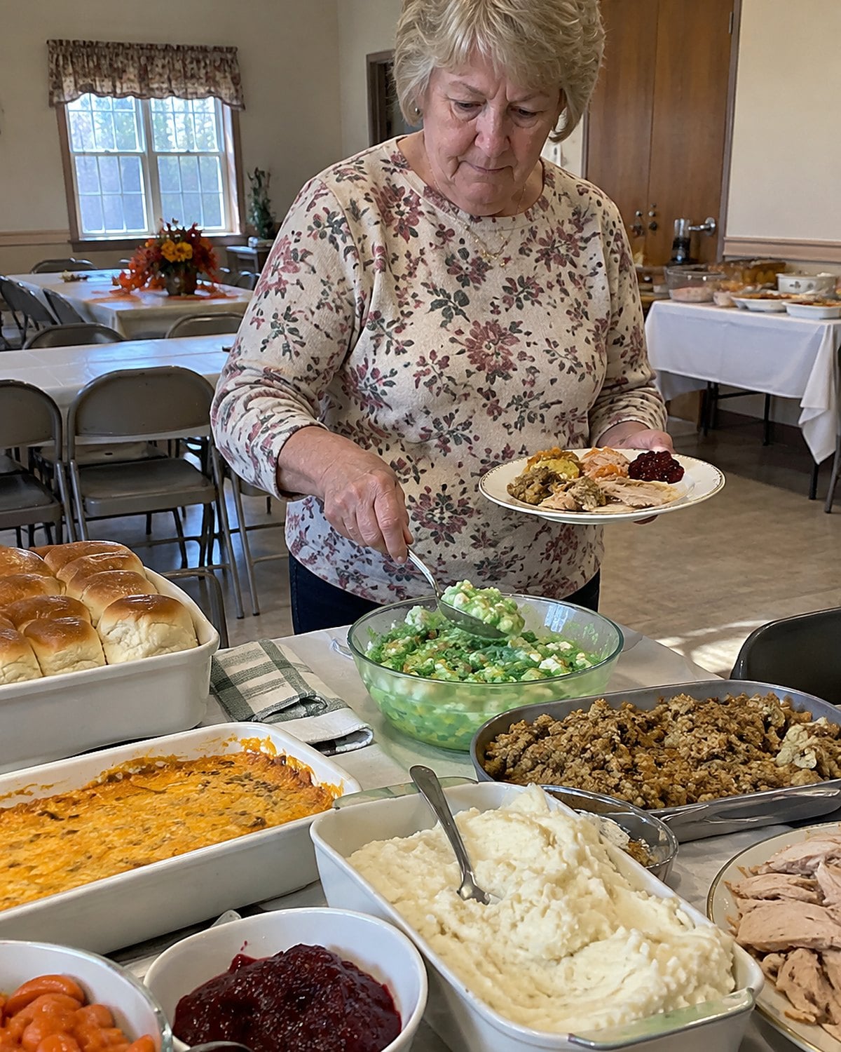 At a church-hall folding table during a mid-afternoon Thanksgiving potluck, a woman in her sixties stands alone spooning lime gelatin salad onto her plate, with open casserole dishes nearby.