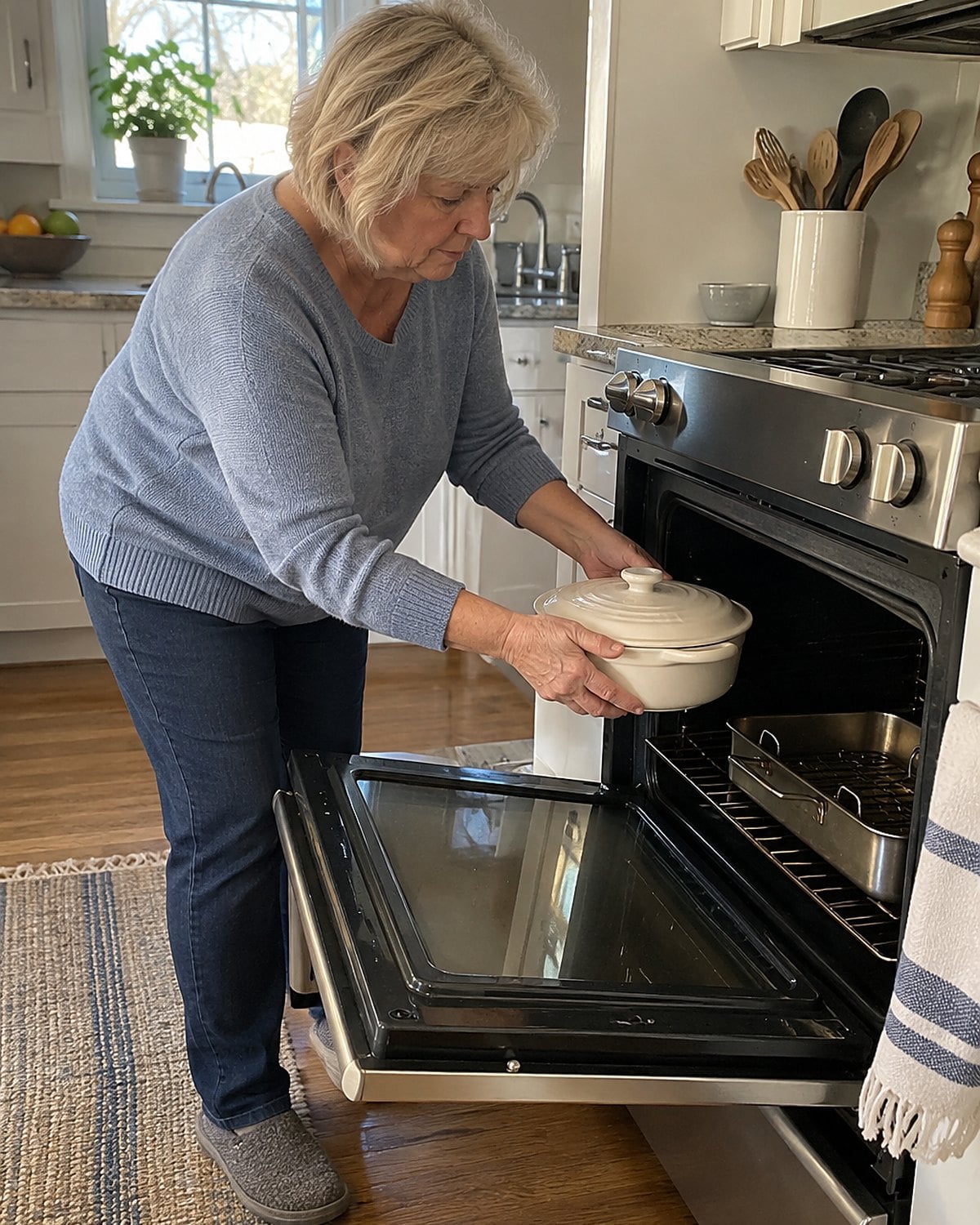 Hands place an empty covered casserole dish beside a roasting pan inside a cold oven.