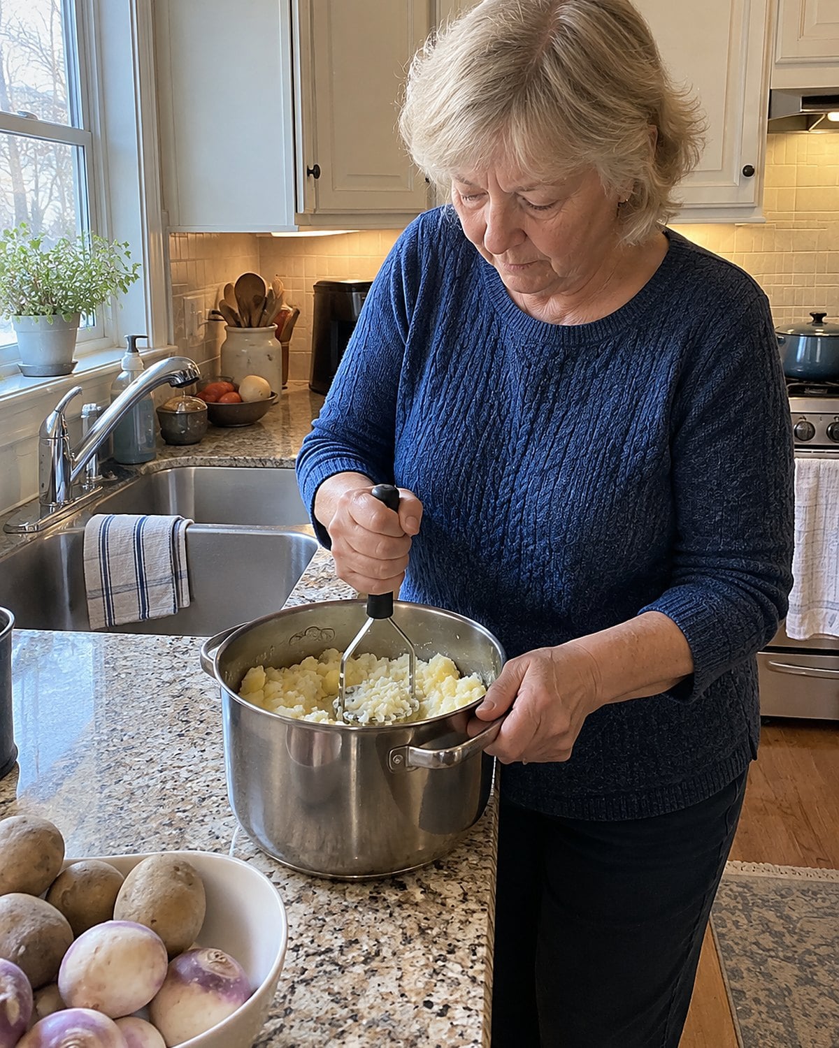Hands mash turnips and potatoes in a pot beside the sink.