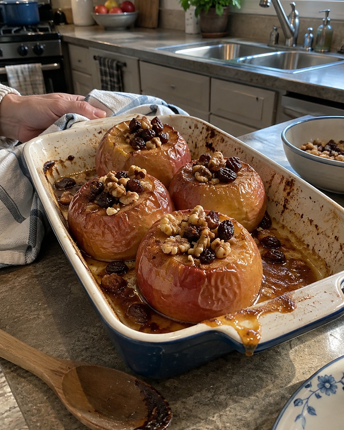 Baked apples with raisins and walnuts stand close together in a worn baking dish.