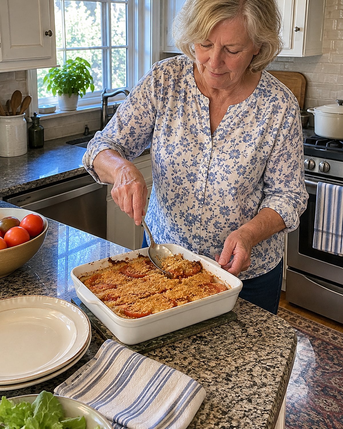 A serving spoon breaks through the browned bread top of scalloped tomatoes on a kitchen counter.