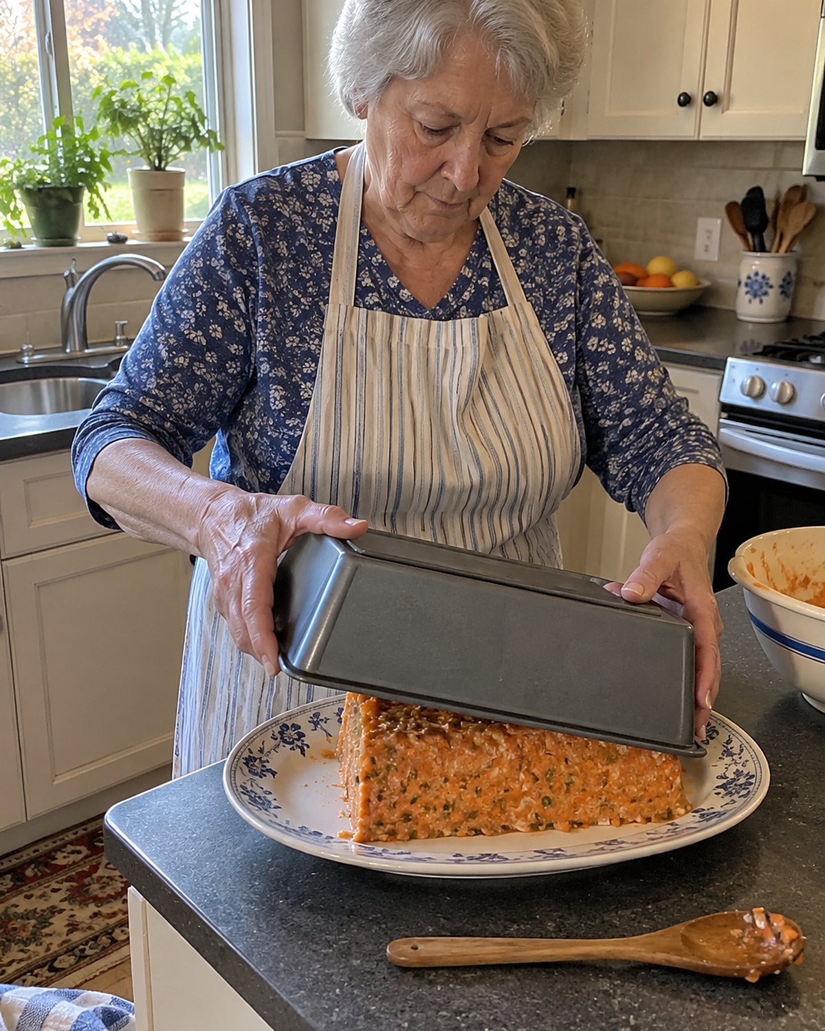 Hands turn a loaf pan of molded carrot salad onto a serving plate at the counter.