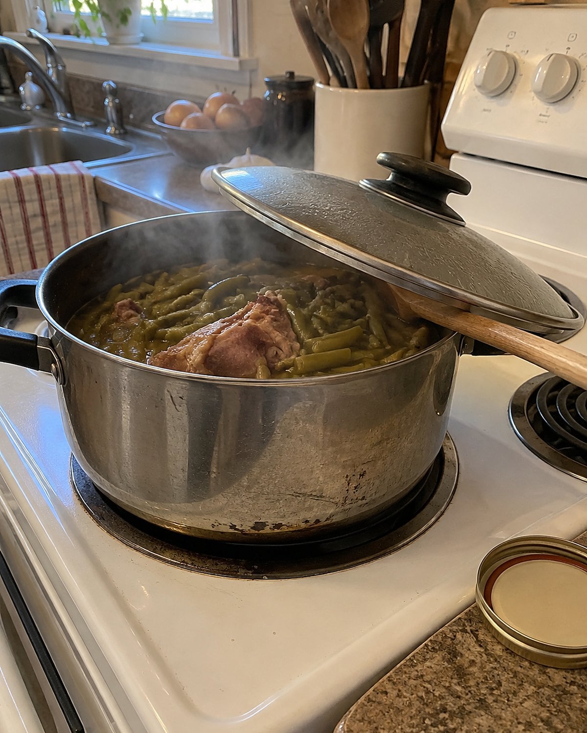 A dented pot of green beans and ham hock sits on a white stove, its lid propped on a spoon.
