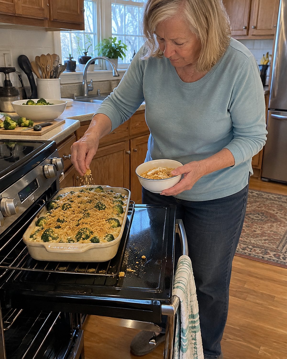 A hand scatters crushed crackers over broccoli casserole beside an open oven.