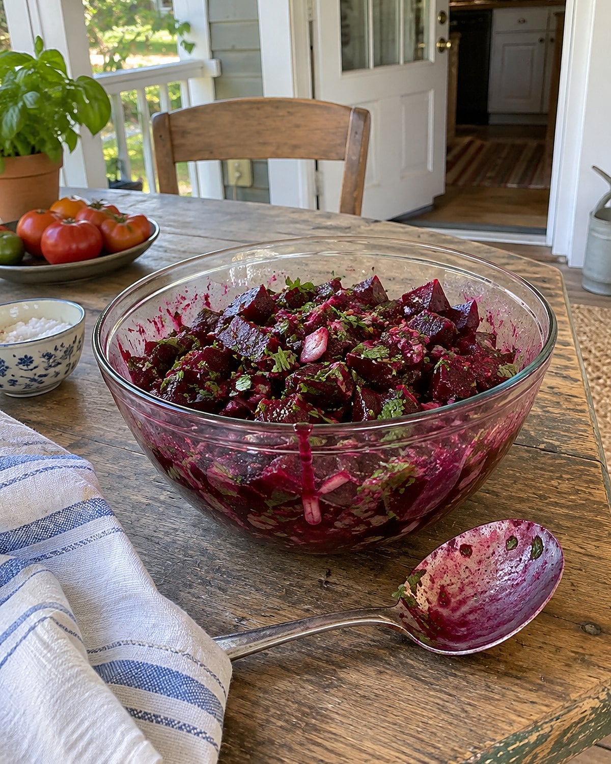 A glass bowl of beet salad and a pink-stained spoon sit on a porch table.