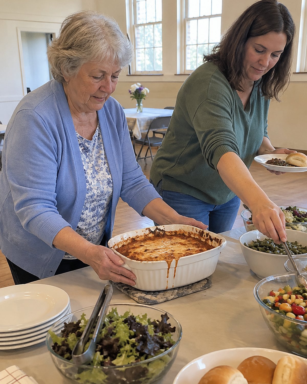 At a church-hall folding table mid-morning, a woman steadies a casserole dish while her daughter-in-law reaches past her for a serving spoon, neither looking at the camera.