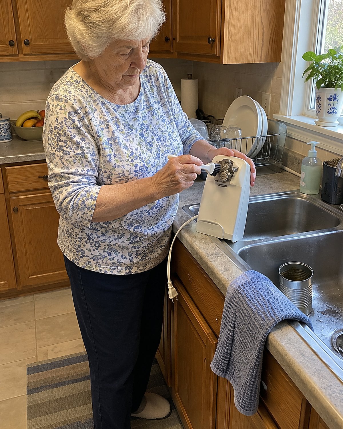 Older hands cleaning the wheel of an unplugged countertop can opener beside the sink.