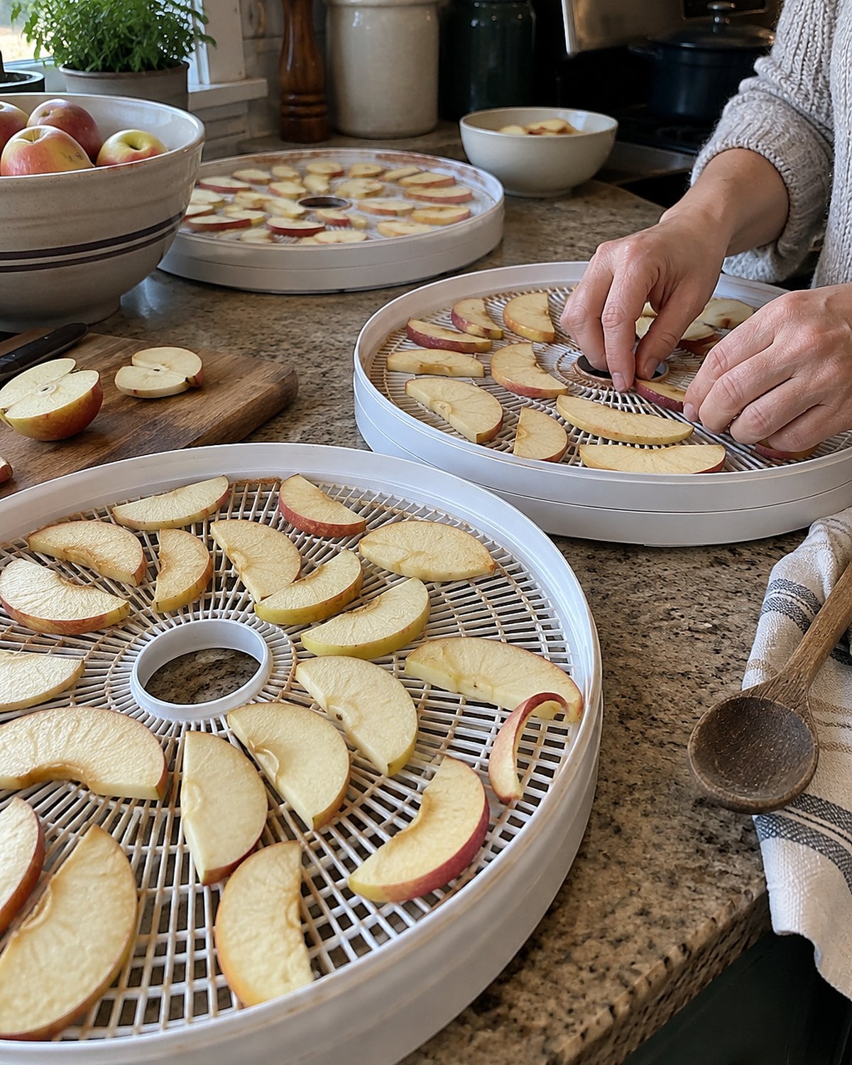 Dehydrator trays holding uneven apple slices on a kitchen counter.