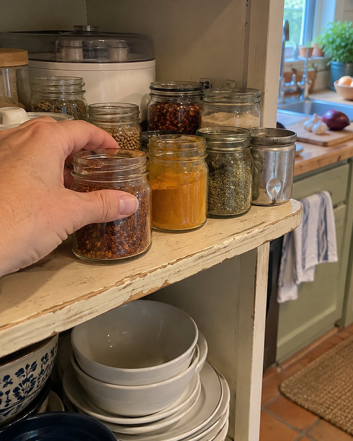 Small yogurt jars filled with spices on a pantry shelf, with the maker behind them.