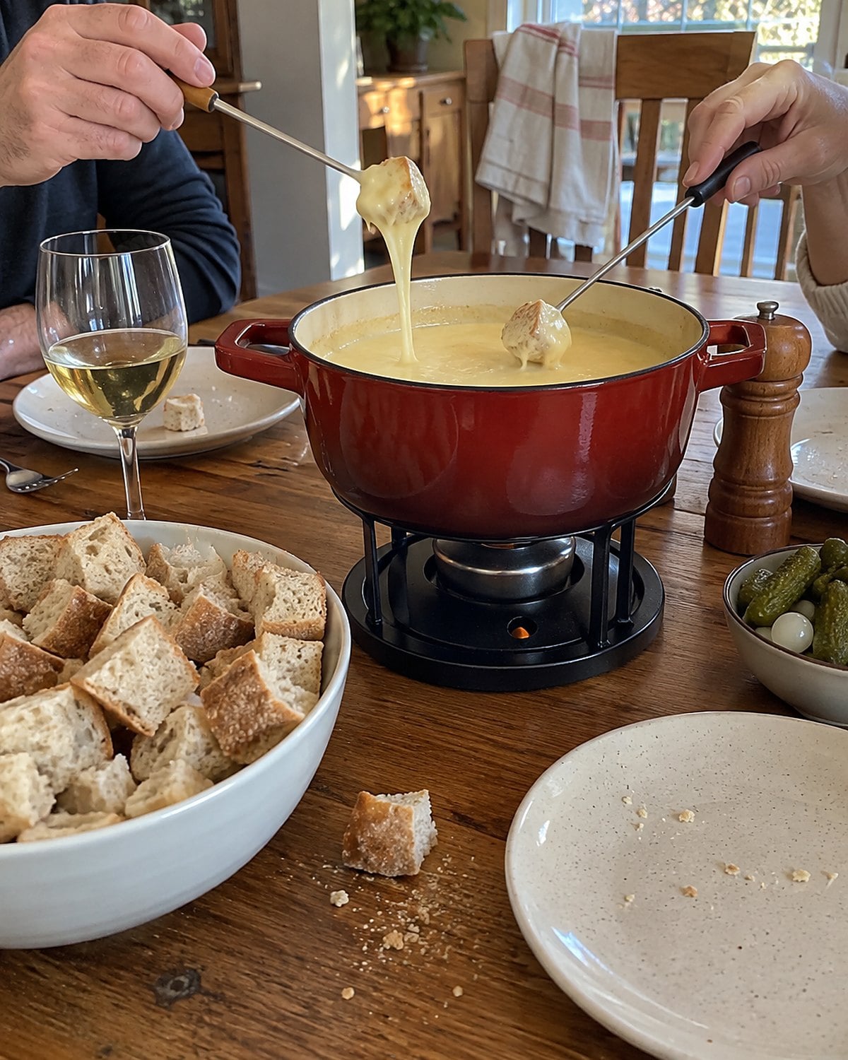 A fondue pot and mismatched forks beside bread cubes on a dining table.