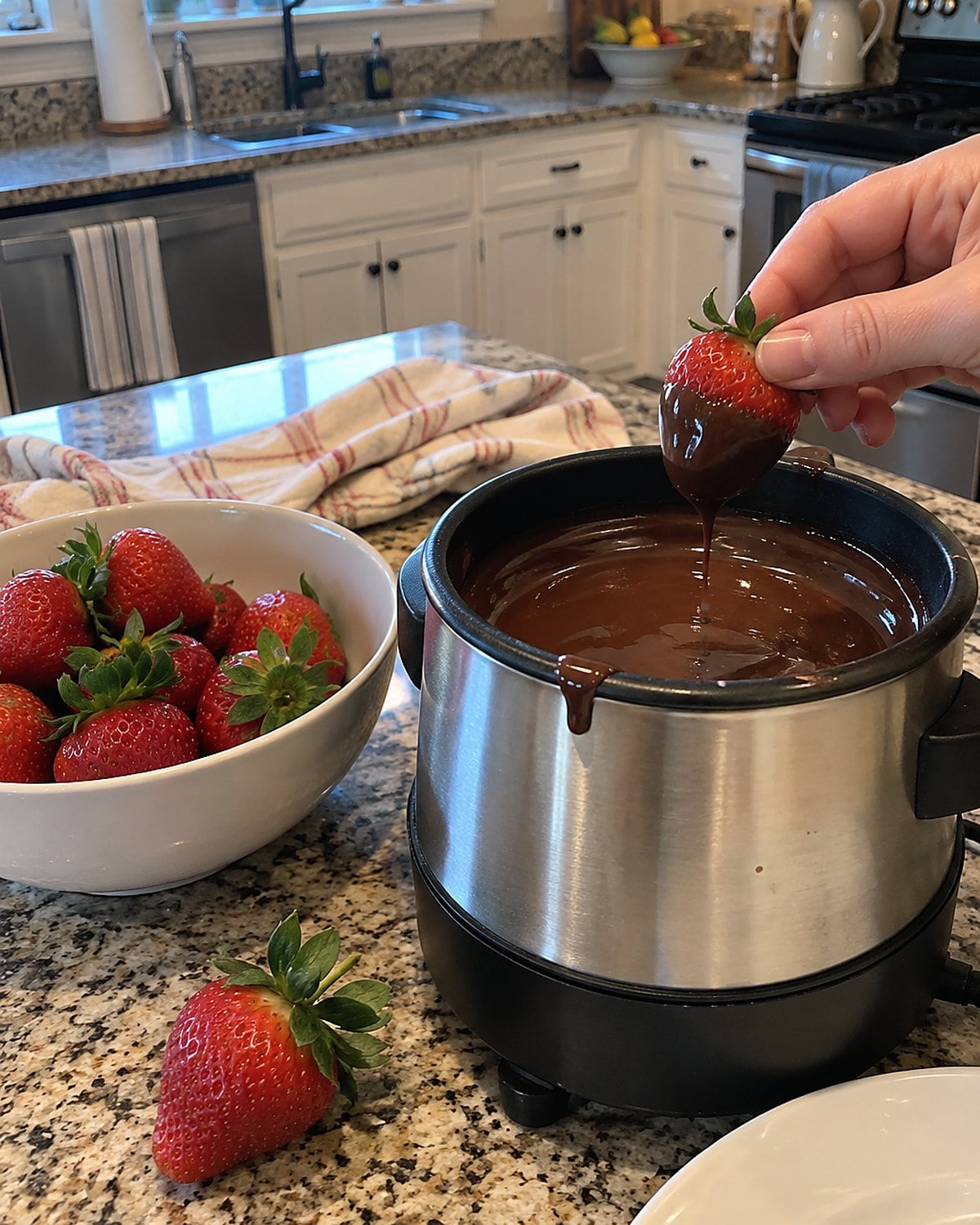 A small electric chocolate pot beside strawberries on a kitchen counter.