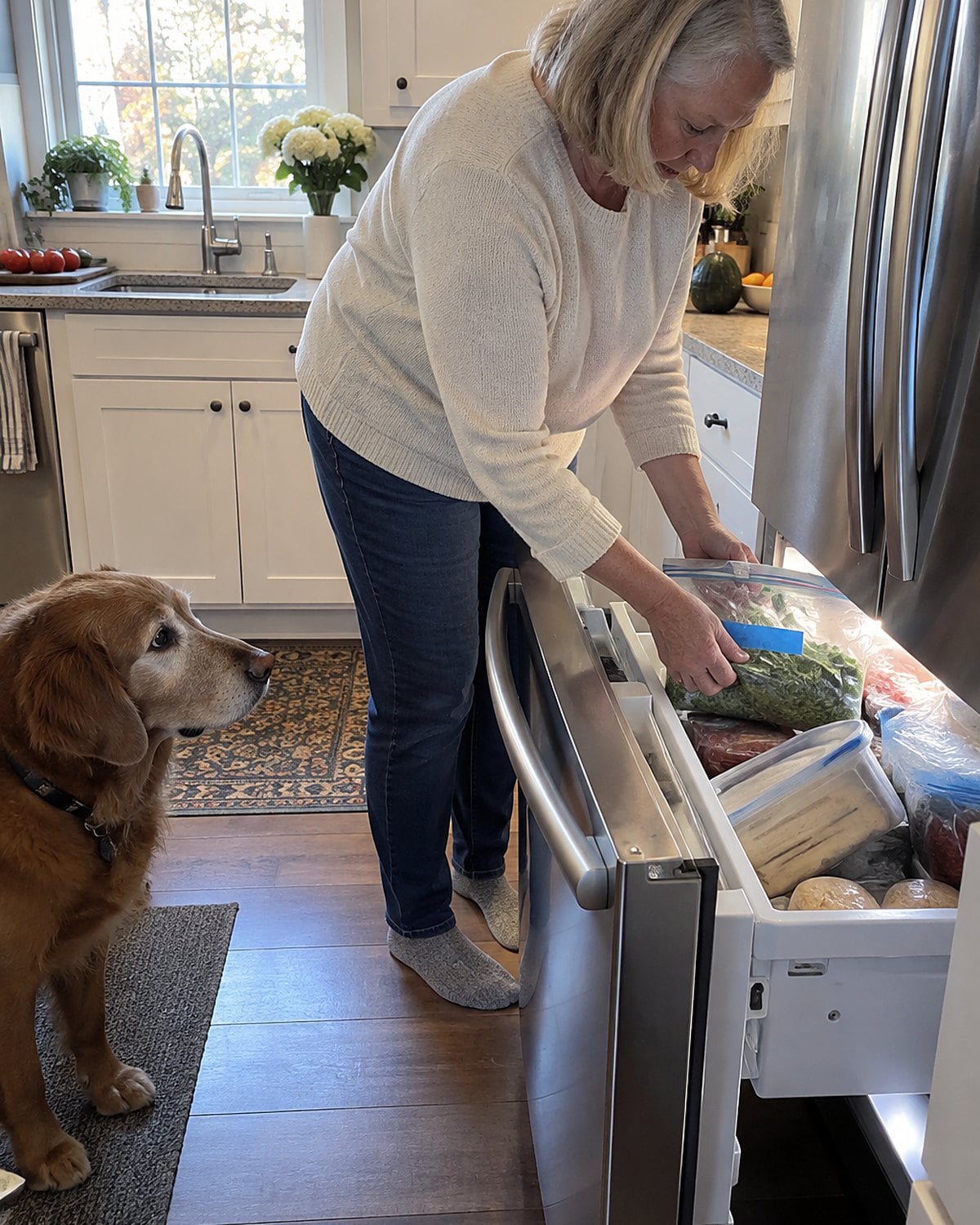 Older hands placing a labeled, sealed food bag into a crowded freezer drawer.