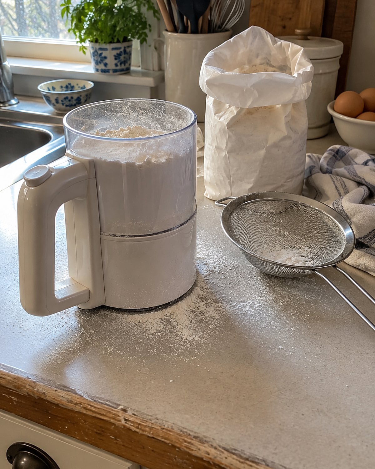 A battery flour sifter beside a fine-mesh sieve and an open bag of flour.