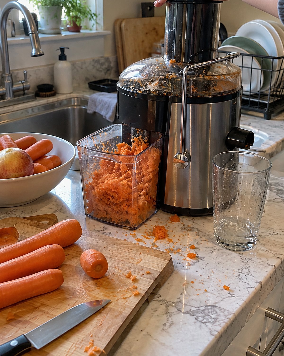 A juice extractor with carrot pulp in its basket beside a rinsed drinking glass.