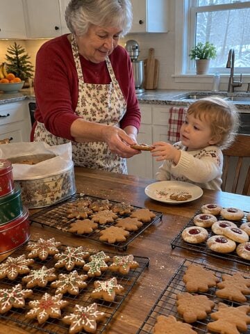 At a kitchen table covered with cooling racks of Christmas cookies and stacked tins, a woman hands a cookie to a small grandchild mid-afternoon while neither looks at the camera.