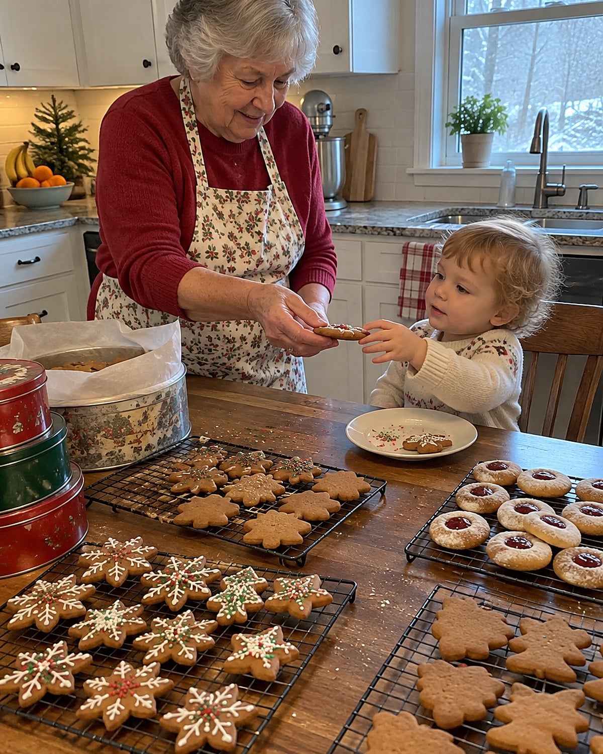 At a kitchen table covered with cooling racks of Christmas cookies and stacked tins, a woman hands a cookie to a small grandchild mid-afternoon while neither looks at the camera.