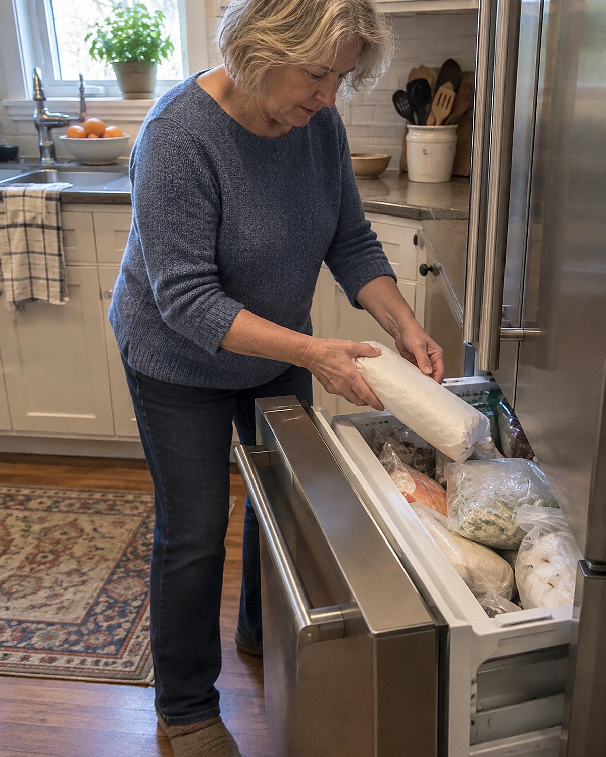 A hand takes a wrapped, labeled log of cookie dough from an open freezer drawer.