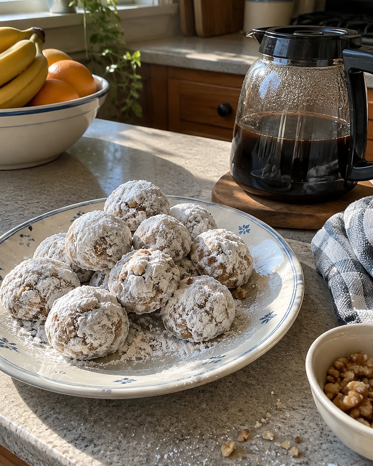 Walnut snowballs dusted with sugar sit beside a coffee pot, with crumbs near the plate.