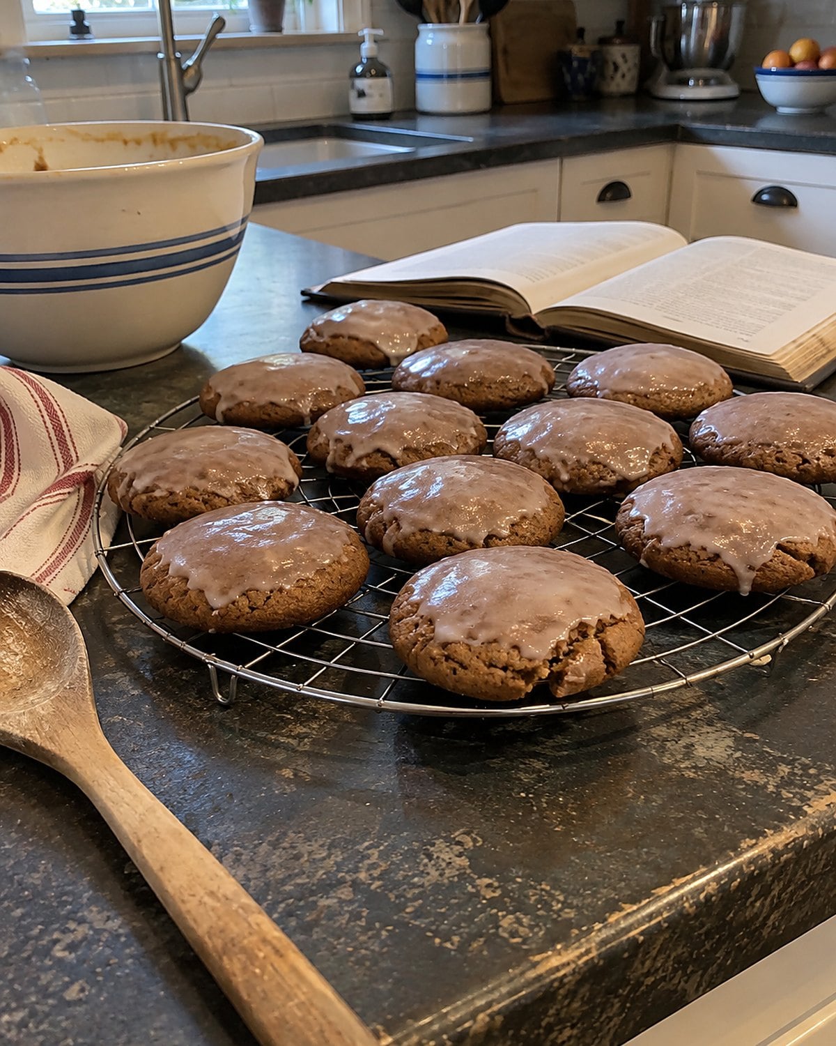 Lebkuchen cookies cool beside an open, worn church cookbook on the kitchen counter.