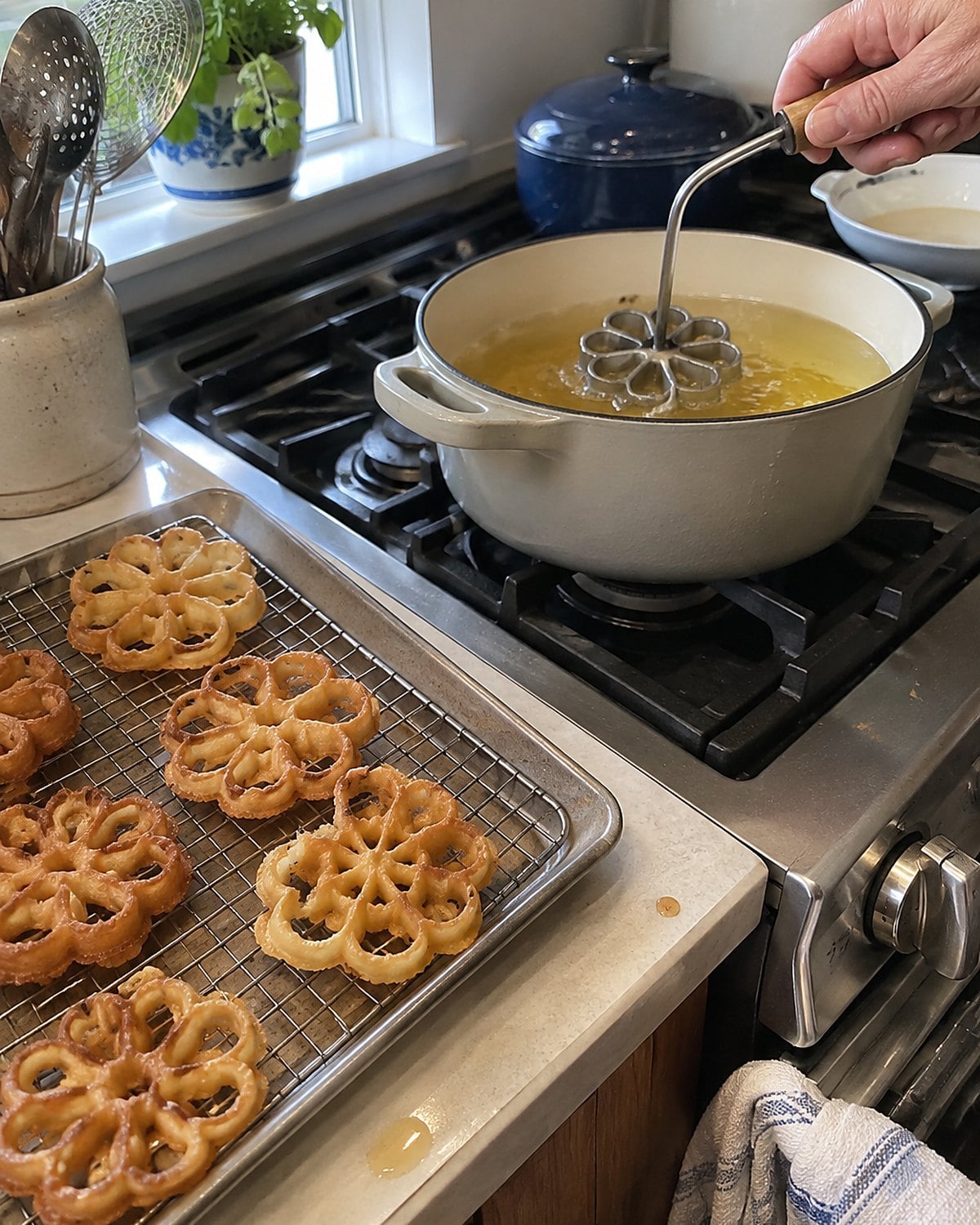 A rosette iron hangs over a pot of oil while crisp rosettes drain on a rack nearby.