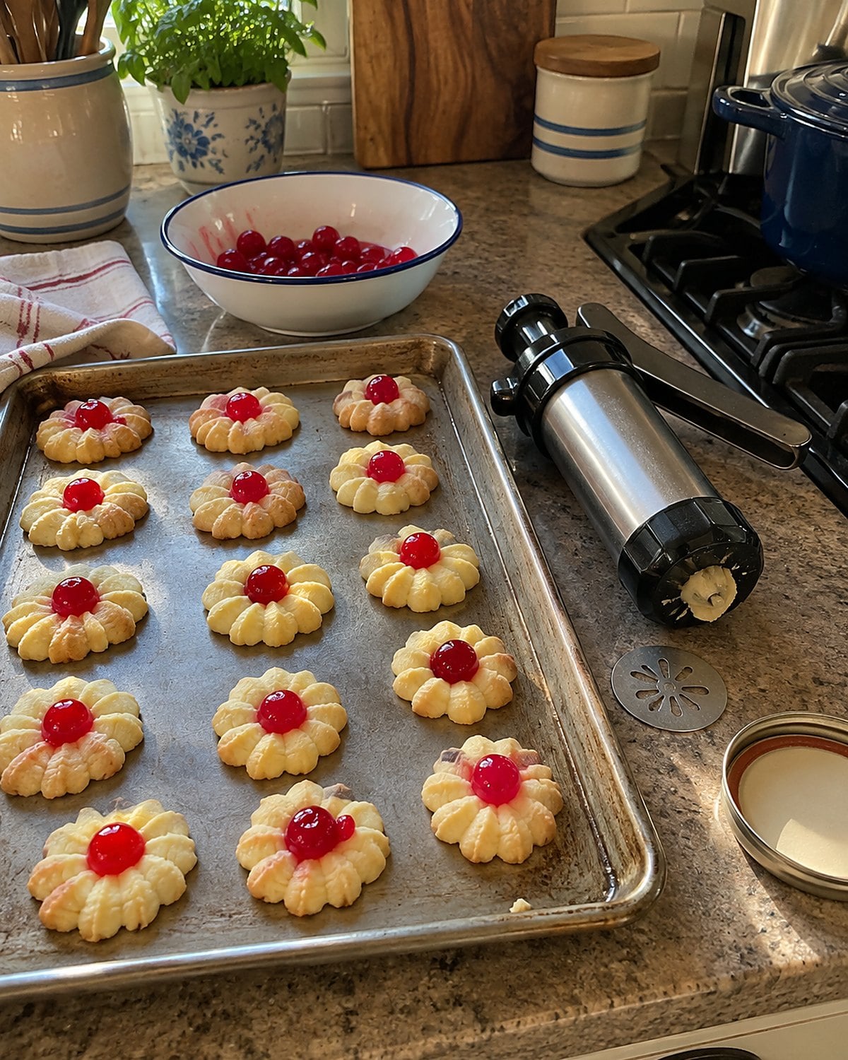Butter wreath cookies with uneven red cherry centers cool on a sheet beside the press.