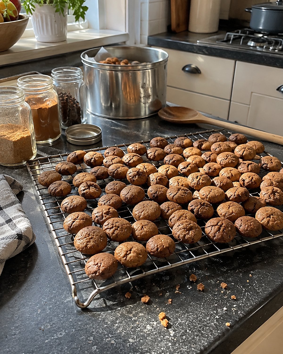 Small peppernuts cool on a rack beside open spice jars and a metal tin.