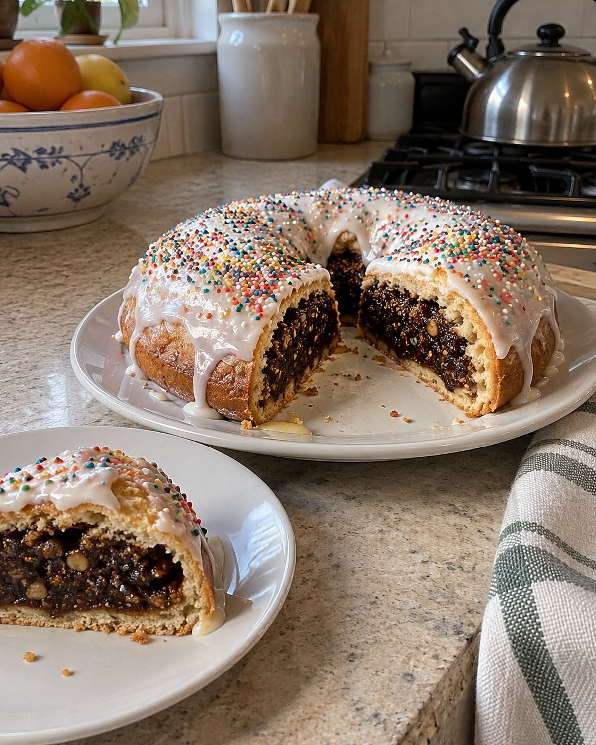A cut fig-filled cuccidato shows its dark center beneath white icing and sprinkles.