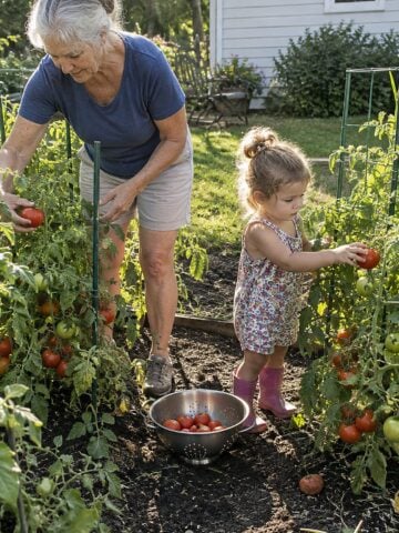 At a tomato garden bed in early morning, a woman and a small grandchild reach toward ripe tomatoes beside a colander, neither looking at the camera.