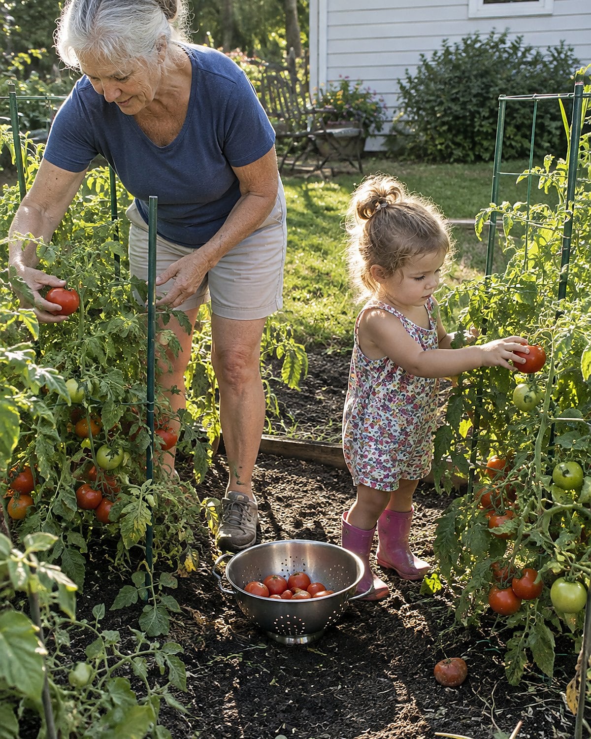 At a tomato garden bed in early morning, a woman and a small grandchild reach toward ripe tomatoes beside a colander, neither looking at the camera.