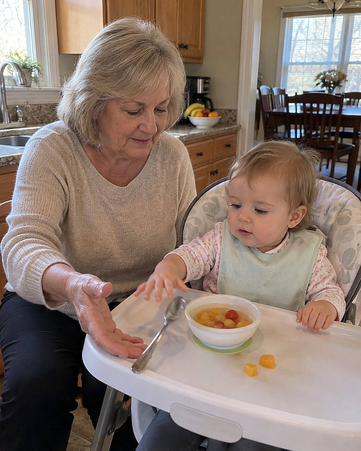 A grandchildโs hand reaching toward a bowl of fruit cocktail on a high-chair tray.