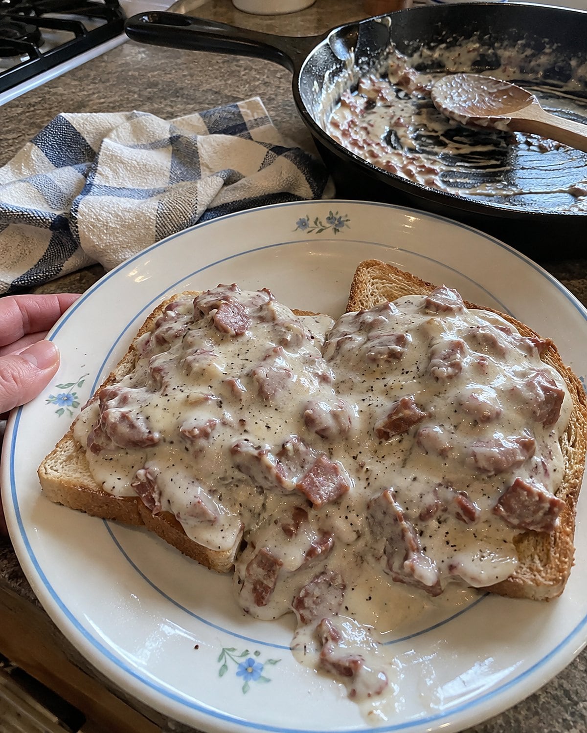 Creamed chipped beef spreading over toast on a plate next to a used skillet.