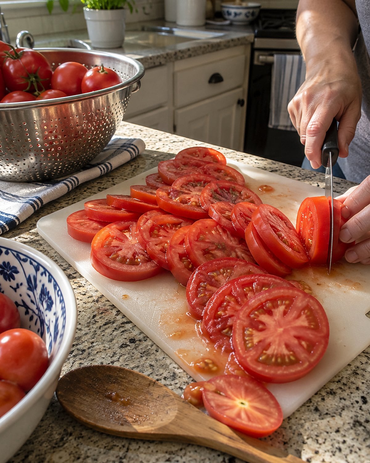 Freshly sliced tomatoes on a cutting board beside a colander of garden tomatoes.