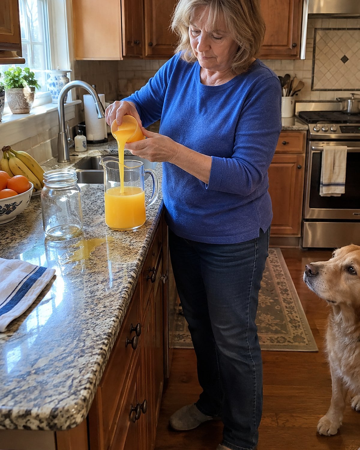 A hand tipping a thawed orange juice concentrate tube into a pitcher at the counter.