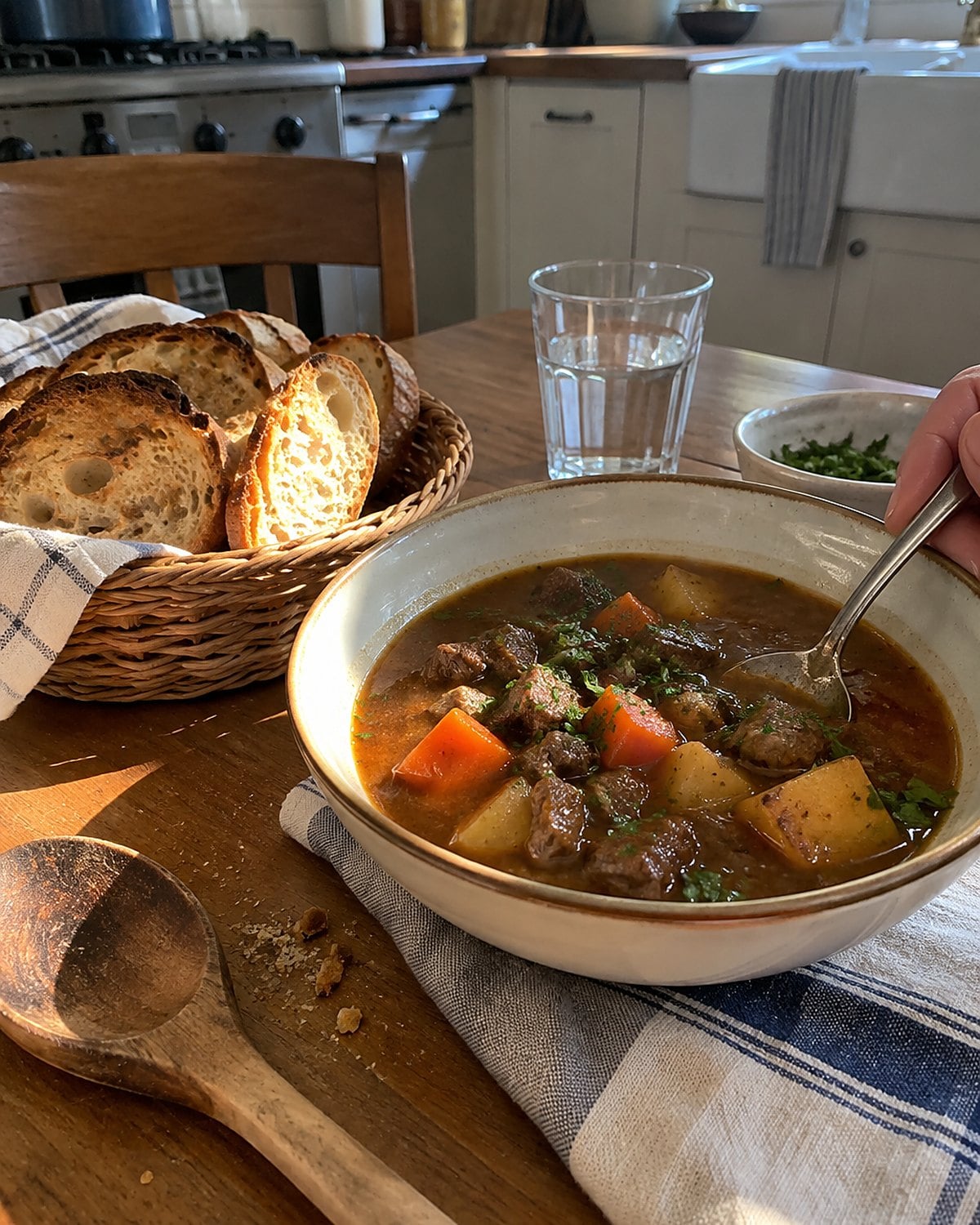 A small basket of uneven toast slices beside a bowl of stew on a home dining table.