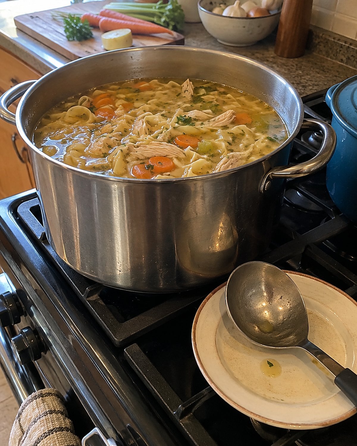 A stockpot of chicken noodle soup on the stove with a ladle on a saucer.