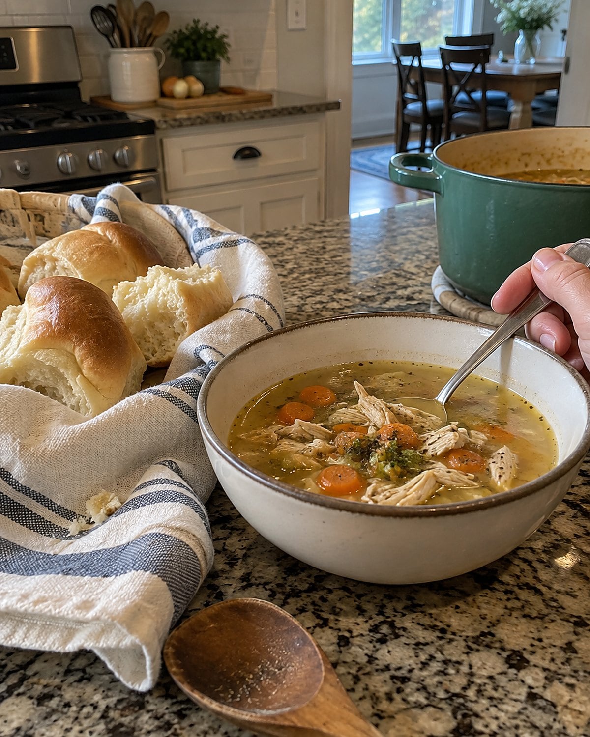 Warm, unevenly folded rolls inside an open cloth napkin beside a soup bowl.